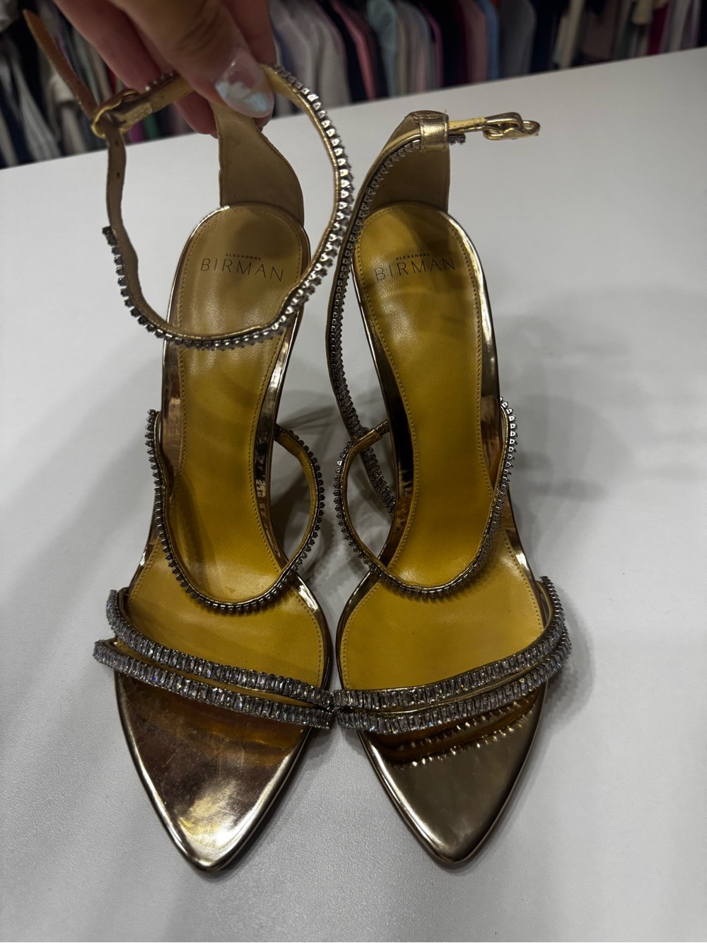 Alexandre Birman Metallic Gold Crystal-Trim Pointed Sandals